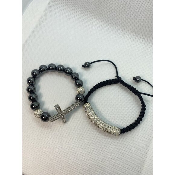 Black/Sliver Beaded Rhinestones Crucifix Religious Expandable pair of Bracelets - Picture 8 of 8
